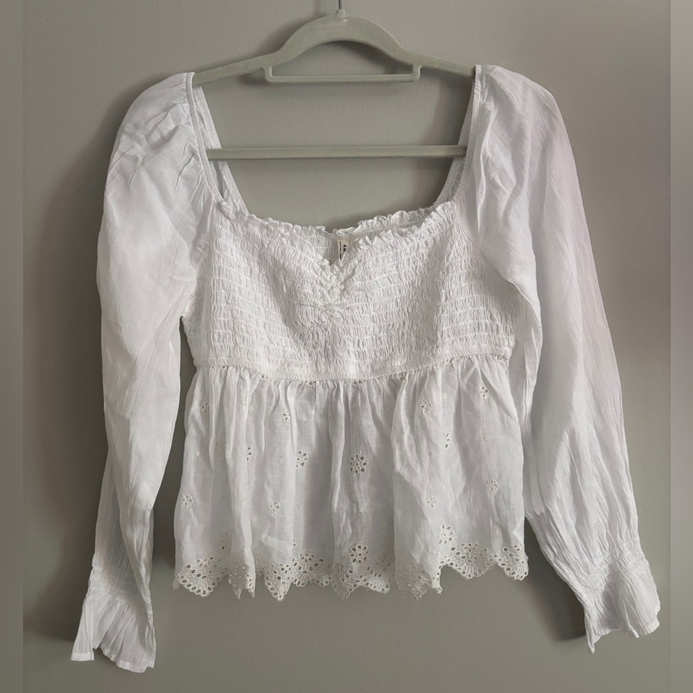 American Eagle Outfitters White Puff Sleeve Smocked Blouse
